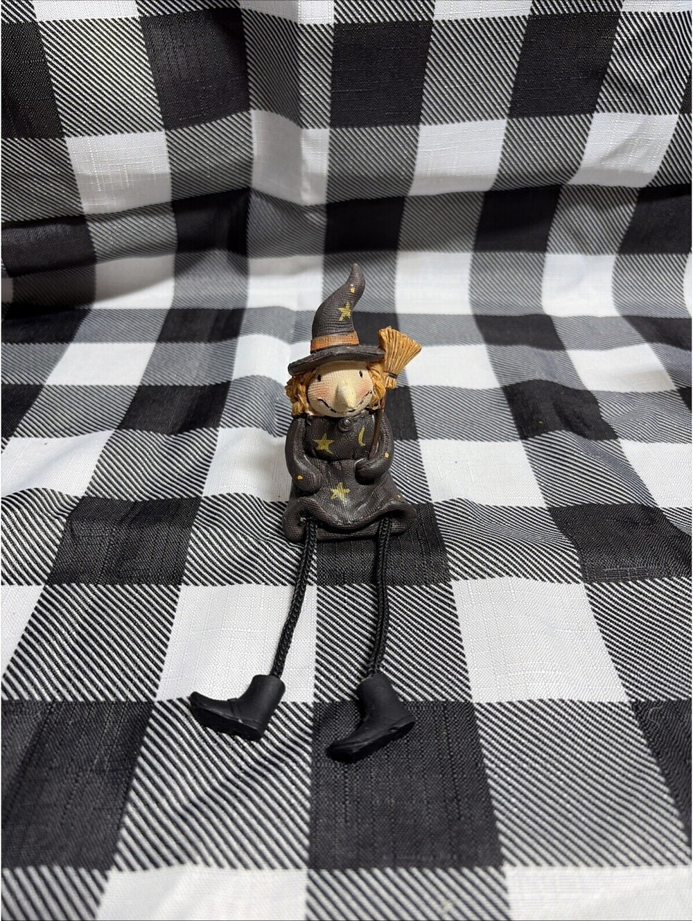 Halloween Witch With Broom Shelf Sitter Figurine  Primitive Folk Art Decor
